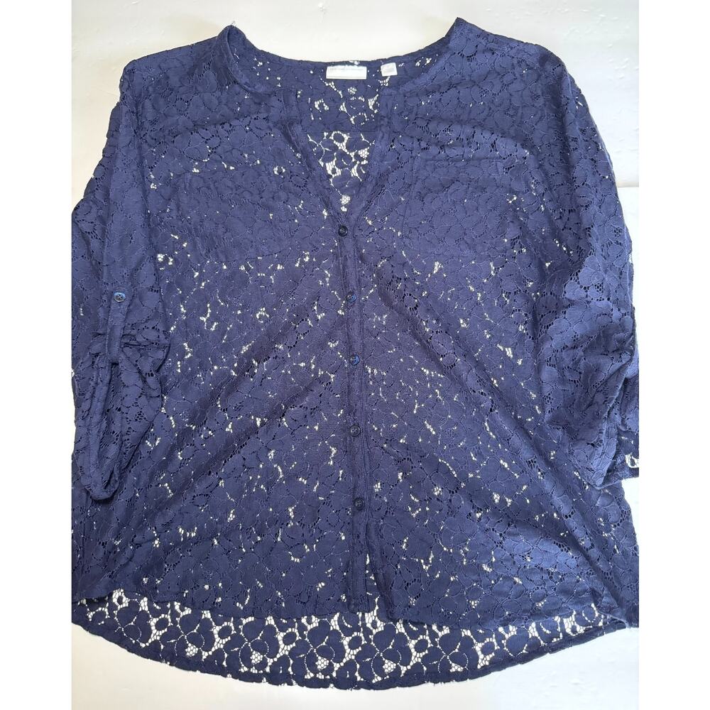 New York & Company Women XL Navy Lace Blouse 3/4 Sleeve Button Front Floral